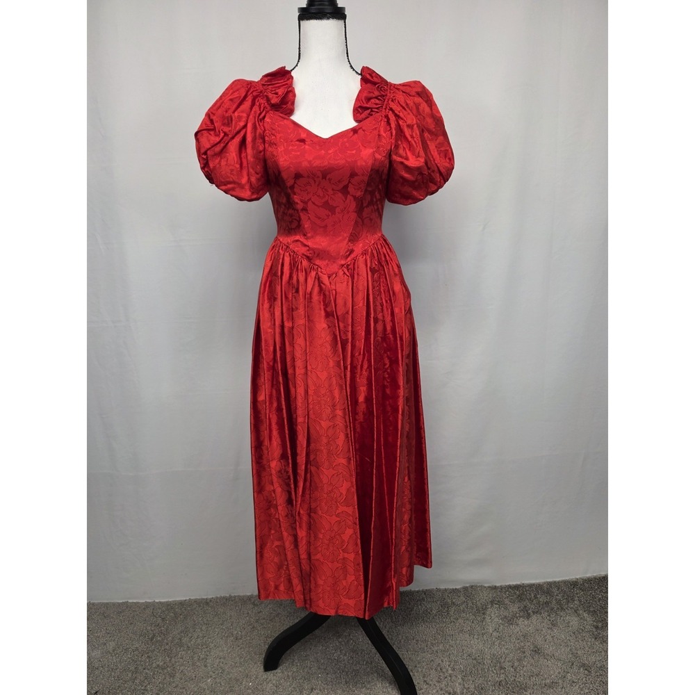 VTG 80s JCPenney Dress Size 7/8 Red Renaissance Basque Waist Puff Romantic 3183